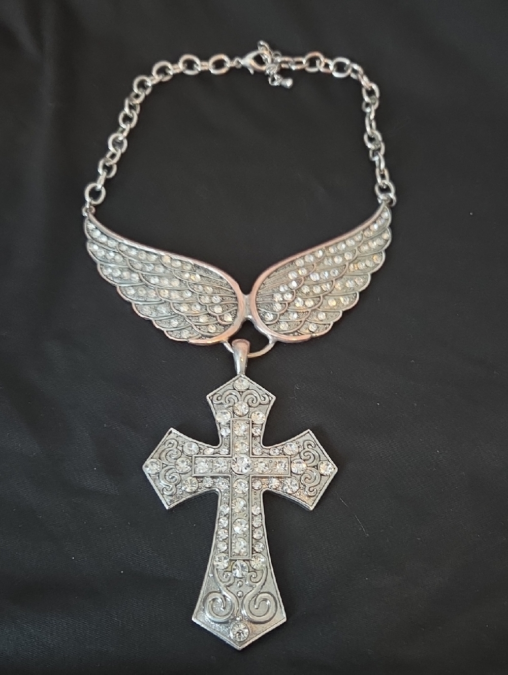 Silver Winged Cross Statement Necklace - Women Jewelry